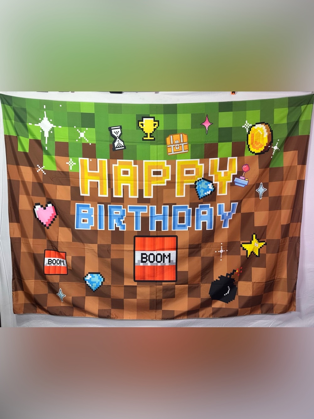 Large Mine Craft Theme Happy Birthday Backdrop Banner 7x5Ft.